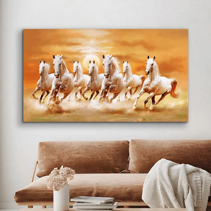 Single Panel Seven White Horse Canvas Morning Matte Cotton Print