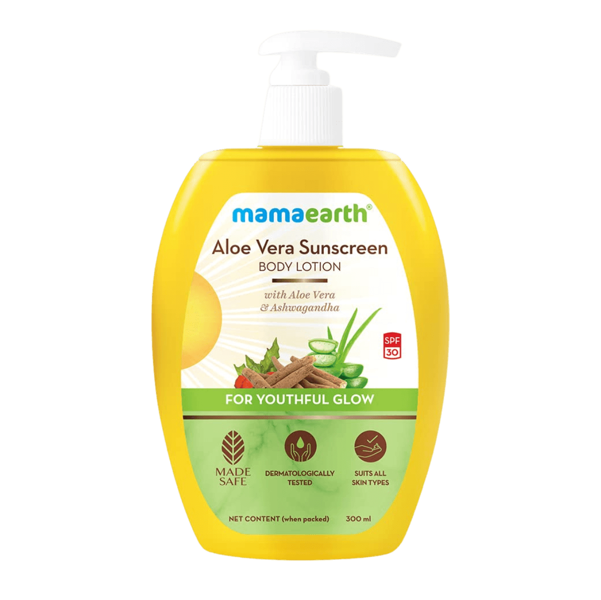 Mamaearth | Aloe Vera Sunscreen | Normal Skin Type Body Lotion | Spf 30 | Aloe Vera & Ashwagandha | Youthful Glow | 300 Ml