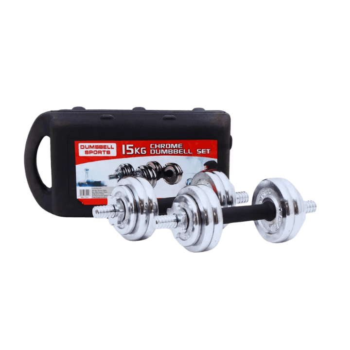 York 15 kg Adjustable Dumbbell & Barbell Connector Set – Chrome Cast Weights with Carry Case
