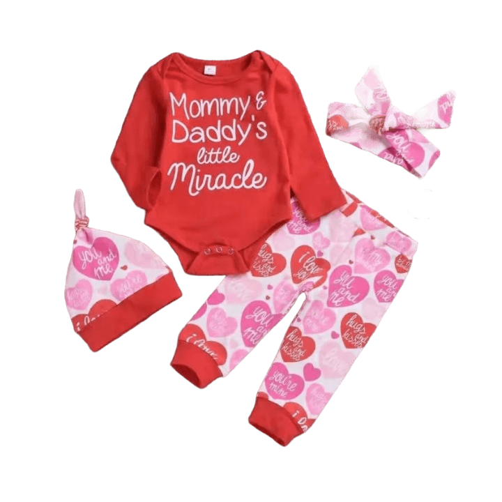 Valentine's Day Baby Girl Outfit – Long-Sleeve Romper, Heart Pants & Matching Hat Set