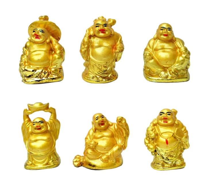 Golden 6-Piece Laughing Buddha Set – Feng Shui & Vastu Figurines for Good Luck and Positivity