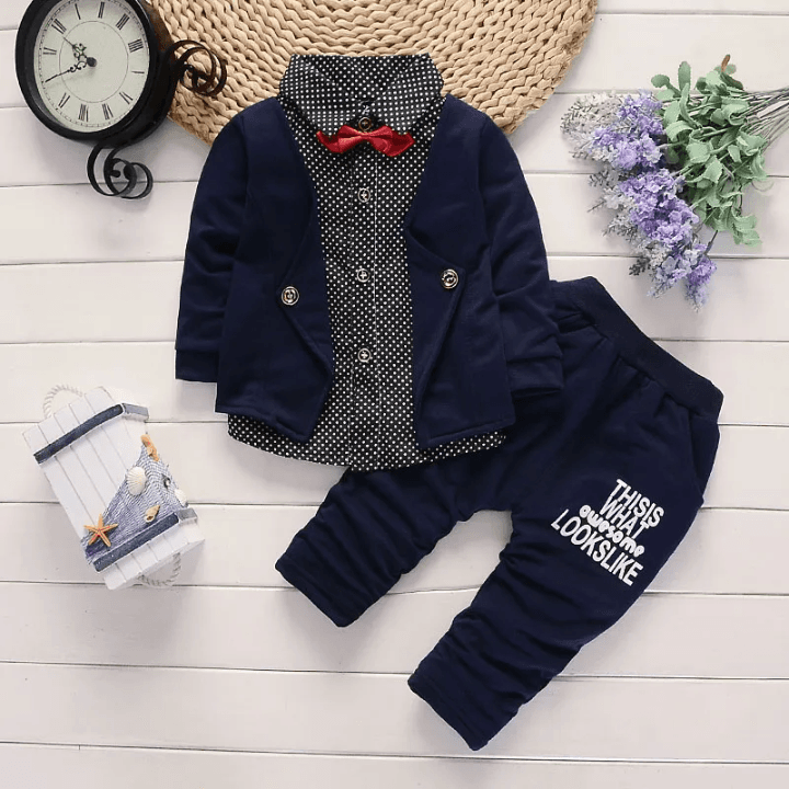 Baby Boys Cotton Blazer & Pant Formal Set with Bow Tie
