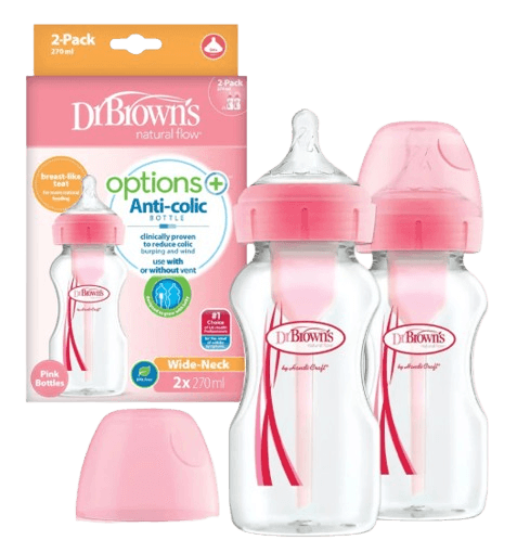 Dr. Brown 270ml Options+ Wide-Neck Bottle, PP, PINK, 2-Pack